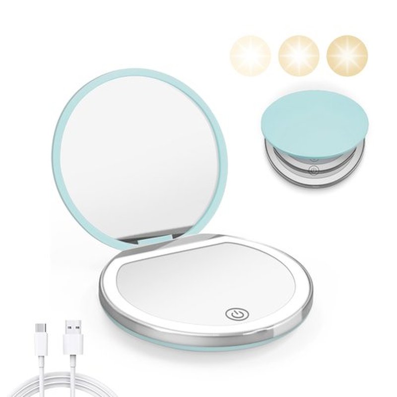 Kakuje Compact Mirror with Light, 1X/3X Magnification LED Pocket Mirror with USB Data Cable,Mini Mirror for Purse, Pocket,Travel and Present (Mint Green)