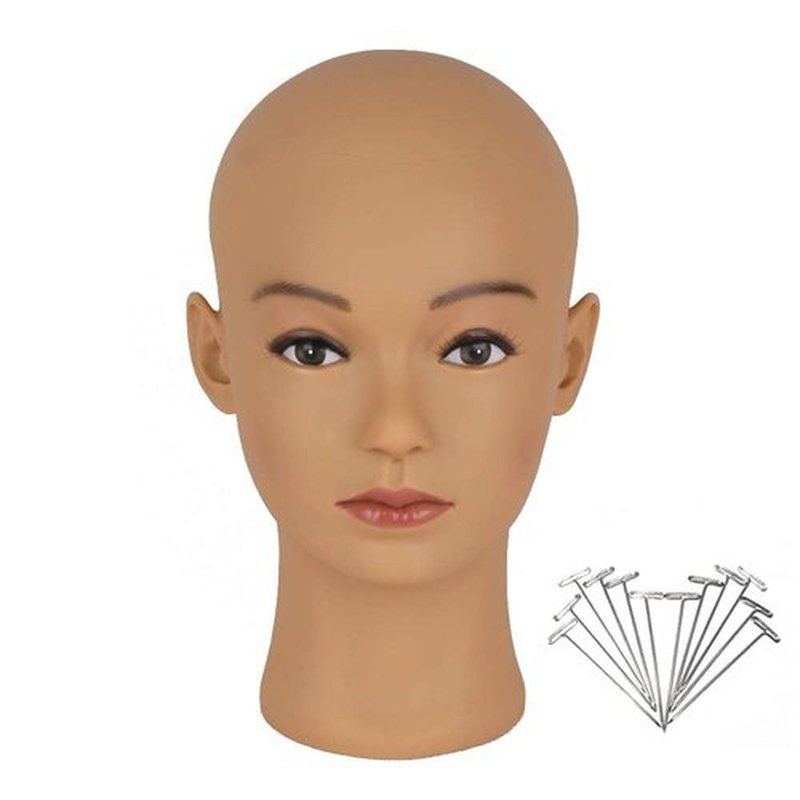 HAIRWAY Bald Mannequin Head Female Professional Cosmetology Training Head Bald Manikin Head for Wigs Making and Display Doll Head with Free T-pins (Light Brown 21.5 Inch)
