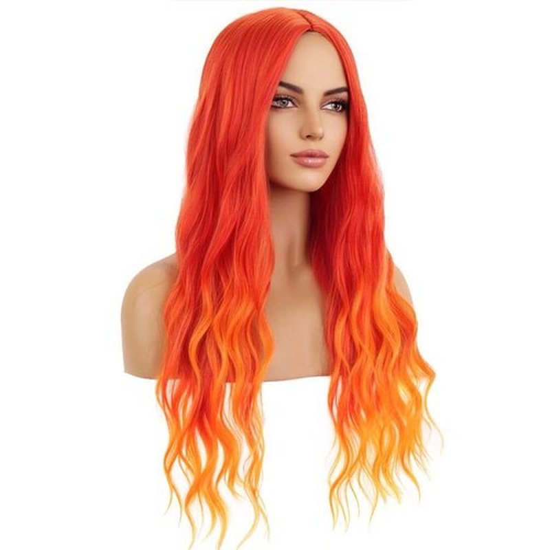 BERON Orange Wig Long Curly Wig Flame Color Wig Long Wavy Charming Full Synthetic Fire Wigs for Women Girls Long Curly Wigs Ombre Orange Wig with Wig Cap