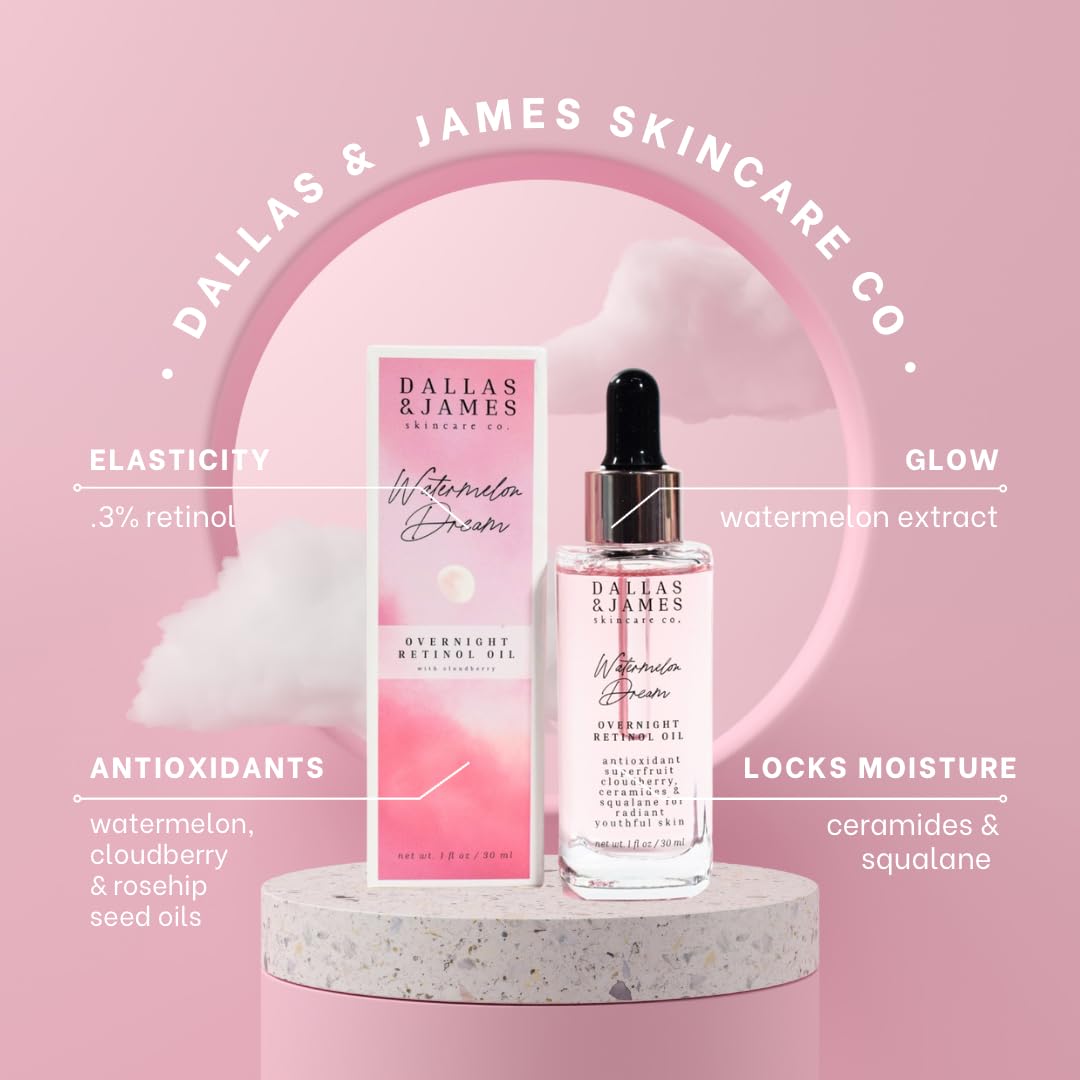 Dallas & James Skincare Co. Watermelon Dream Overnight Retinol Oil - .3% Retinol with Watermelon and Cloudberry, Ceramides + Squalane - Anti-Aging, Skin Smoothing Face Oil