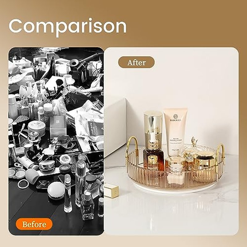 360 Rotating Makeup Organizer for Vanity, Large Skincare Perfume Organizers, Bathroom Counter Make Up Organizers and Storage, Clear Cosmetics Lipstick Spinning Organizer(1 Tier，Gold)