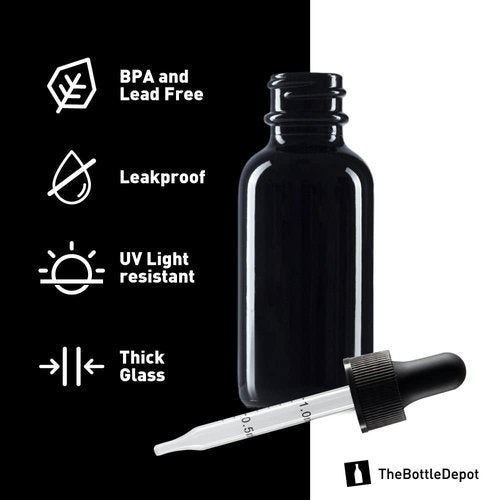 The Bottle Depot - 2 Pack - 1 oz Glass Bottle with Dropper - Black UV - 20-400 Neck Finish - Boston Round Bottles - Leakproof Essential Oils Bottles