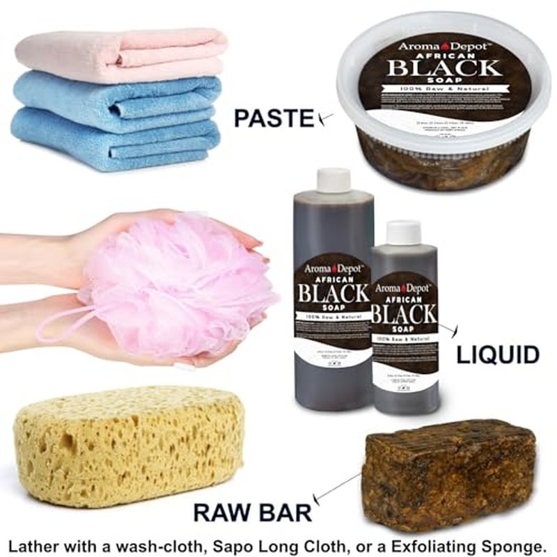 Aroma Depot 8 oz Raw African Liquid Black Soap 100% Natural soap for Acne, Eczema, Psoriasis, and Dry Skin Scar Removal Face And Body Wash. Handmade imported from Ghana