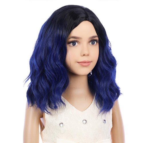 PATTNIUM Kids Child Wig Black Blue Wig Short Wavy Wig Dark Blue Wig for Kids Cosplay Costume Synthetic Hair Blue Wig (Black Ombre Blue)