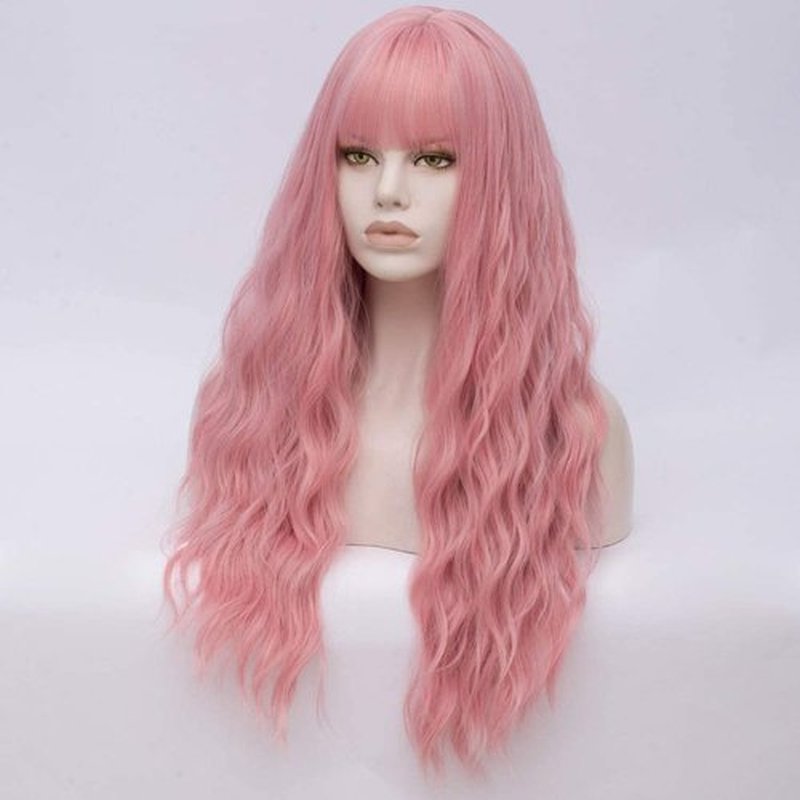 MORTICIA Women Long Kinky Curly Wavy Full Bang Wig for Party and Daily Wear (Mixed Pink)