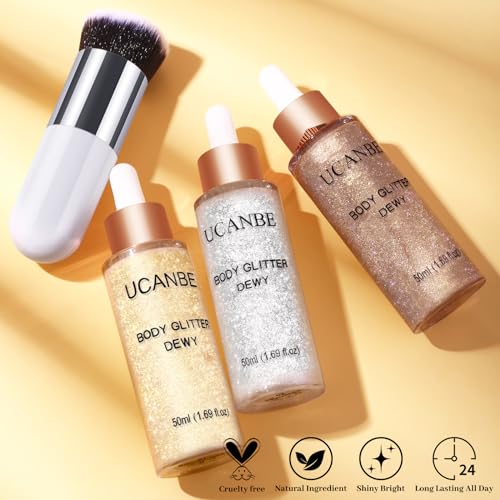 UCANBE Face Body Glitter Liquid Highlighter Illuminator Dewy Drops with Makeup Brush, Makeup Sparkle Shine Luminizer Enhancer Skin Tint 50ml/1.69oz (01 Champagne Gold, Standard)