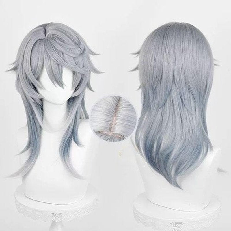 Gorgewg for Sunday Star Rail Cosplay Wig HSR Medium Grey Blue Side Part Layered Roleplay Costume Wigs Synthetic Hair for Women