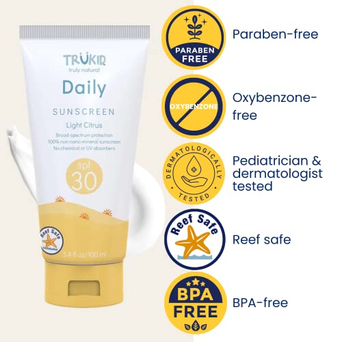 TruKid Daily SPF30 Face Sunscreen Citrus 3.4oz Baby Sunscreen, Natural Ingredients Kids Sunscreen, Reef-Friendly Travel Size Sun Screen, Beach Defense Sunscreen for Kids, Toddlers, Babies & Adults