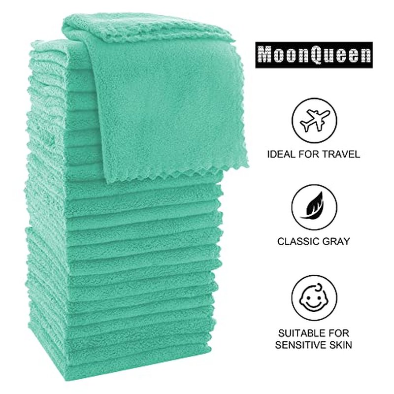 MOONQUEEN Ultra Soft Premium Washcloths Set - 12 x 12 inches - 24 Pack - Quick Drying - Highly Absorbent Coral Velvet Bathroom Wash Clothes - Use as Bath, Spa, Facial, Fingertip Towel (Aqua Green)
