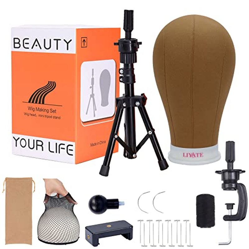 LIYATE Wig Stand 22 Inch Wig head, Wig Stand Tripod With Head, Wig Head Stands, Mannequin Head for Wigs Making Display, Wig Mannequin Head with Stand, Wig Cap, T Pins Set, Cellphone Clip and Adapter