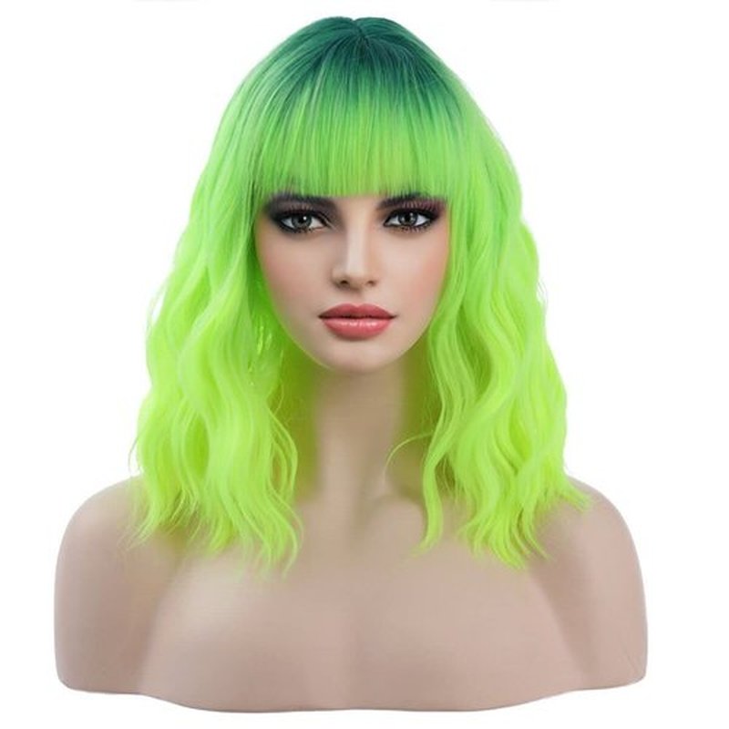 MAGQOO Green Wig Neon Green Wig Ombre Green Wig Women St Patricks Days Wig Ombre Neon Lime Green Bob Wig Short Curly Lime Neon Green Wig with Bangs Synthetic Heat Resistant