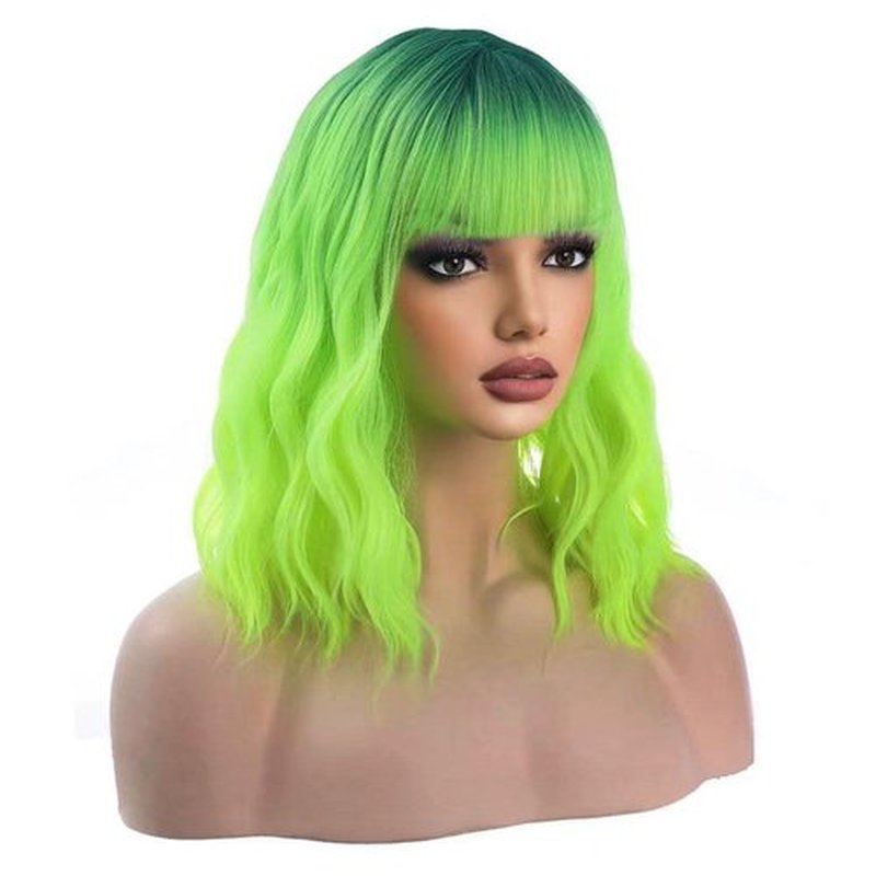 incohair 14inch Ombre Green Wigs for Women 14 Inches Short Wavy Fluorescent Green Wig With Bangs Fluorescent Green Short Wigs for Cosplay Party Daily Wigs Wig Cap Included