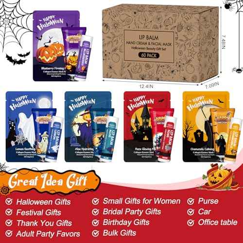 60 Pack Bulk Halloween Facial Mask, Hand Cream and Lip Balm Sets, Halloween Gifts, Halloween Party Favors, Halloween Decorations and Halloween Basket Stuffers with Halloween Card and Organza Bags