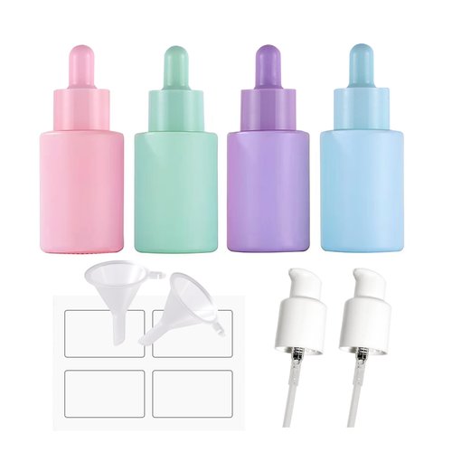 AGENIZ 4 Pack 1oz Glass Dropper Bottle,30ml Eye Dropper Bottle for Essential Oils with 2 Funnels & 2 Lotion Pumps for Perfumes,Lotion,Serum,Tincture Bottles(A-Multicolor)