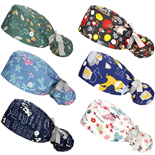 6 Pcs Scrub Caps Women Nursing Hats with Buttons Adjustable Bouffant Nurse Hats Ponytail Holder Bouffant Turban Hats (Fresh Patterns)