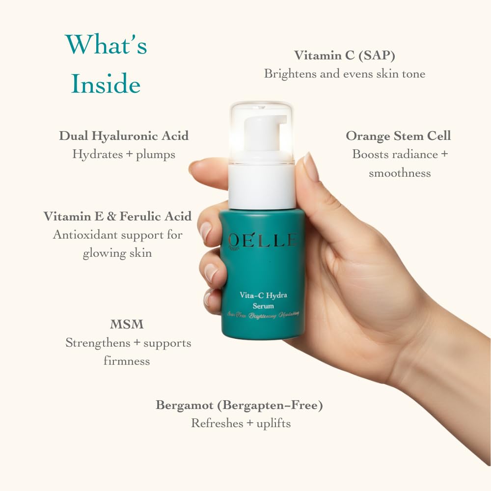 Organic Elle Serum Vitamin C Hydra Glow, with Hyaluronic Acid, Ferulic Acid, MSM & Stem Cells – Brightening, Hydrating, Dark Spot & Fine Line Support, Lightweight Anti-Aging Face Serum