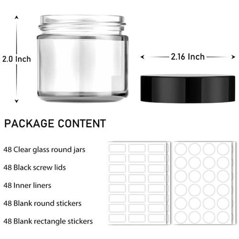 2 oz Small Glass Jars With Lids, Bumobum 48 Pack Clear Cream Jars with Lids, White Labels & Inner Liners, Empty Round Clear Cosmetic Containers for Ointments, Lotions