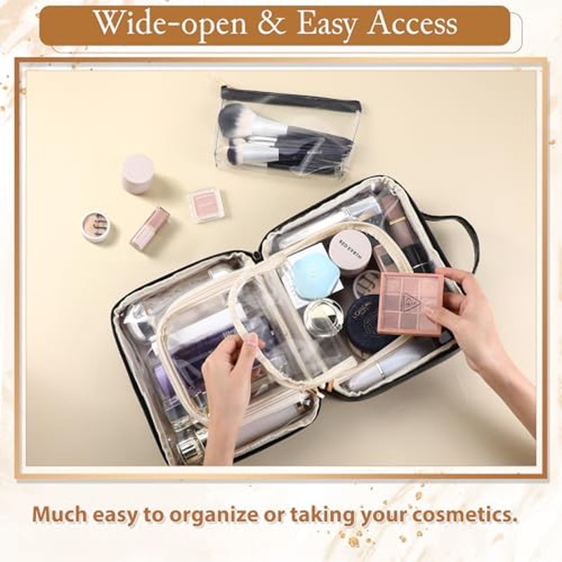ZQQZAN Travel Makeup Bag - Large Capacity Cosmetic Bag with Makeup Brush Bag, Leather Makeup Travel Case Open Flat Makeup Case, Cute Makeup Organizer Bag for Women Girls, Black