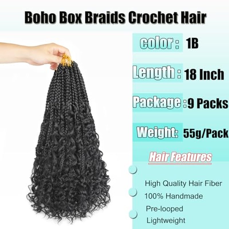 9 Pack Boho Box Braids Crochet Hair - 18 Inch Pre-looped Goddess Box Braids Crochet Hair Bohemian Crochet Boho Crochet Braids With Curly Ends Synthetic Crochet Hair For Women（18 Inch,1B)