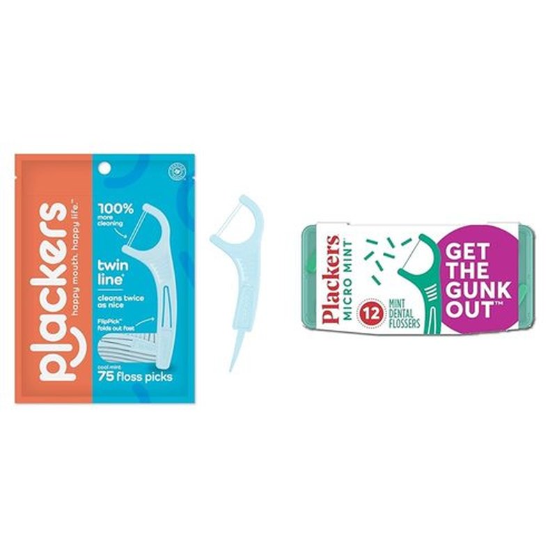 Plackers Twin-Line Dental Flossers, Cool Mint Flavor, Dual Action Flossing System, Easy Storage, Super Tuffloss, 2X The Clean, 75 Count & Micro Mint Dental Floss Picks with Travel Case, 12 Count