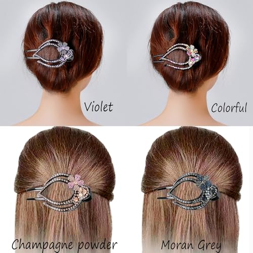 Yusier 4PCS Heart Style Ponytail Duckbill Clips with Headdresses for Women, Flower Rhinestone Barrettes Sparkly Prom Diamond Hair Clips (Plum Blossom)