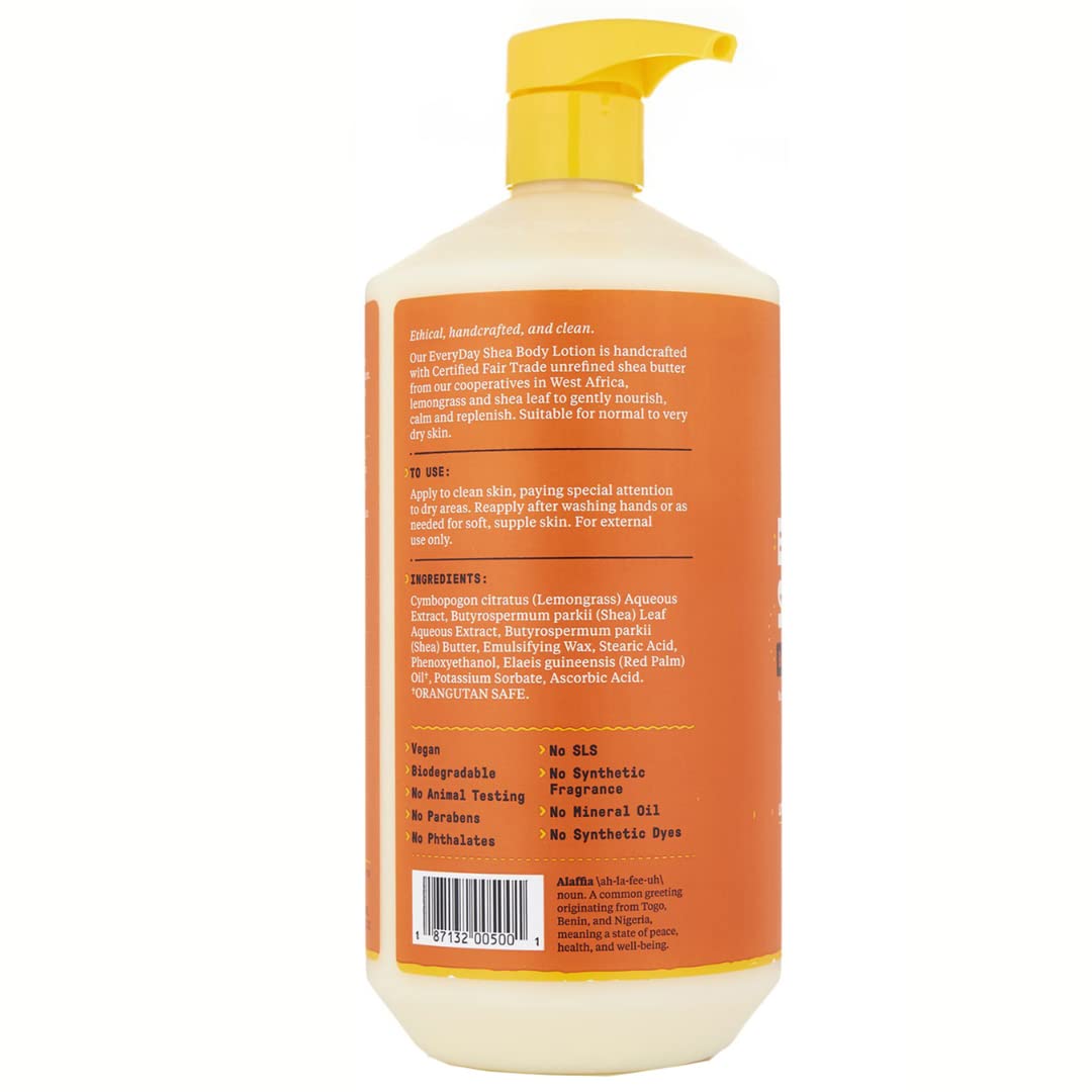 Alaffia Everyday Shea Body Lotion - Normal to Very Dry Skin, Moisturizing Support for Hydrated, Soft, and Supple Skin with Shea Butter and Lemongrass, Fair Trade, Unscented, 32 Fl Oz