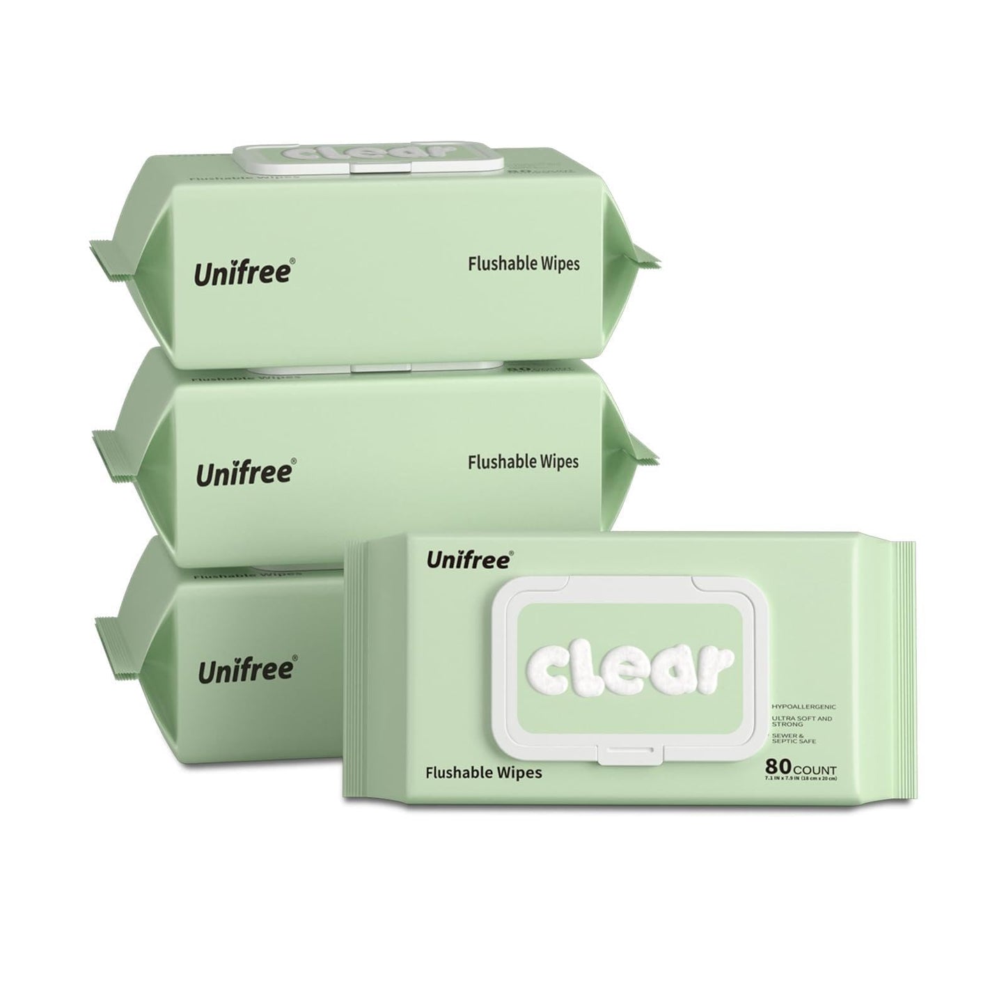 Unifree Flushable Wipes | XL Wet Wipes Gentle Clean, Septic and Sewer Safe, Home Essentials, Toilet, flip-top pack Biodegradable, 4 Large Packs (320 Wipes Total)
