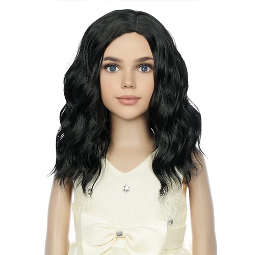 PATTNIUM Kids Child Black Wig Short Wavy Wig Black Wig for Girls Black Bob Wig Synthetic Hair Cosplay Halloween Party Costume Daily Wear Wig (Black)