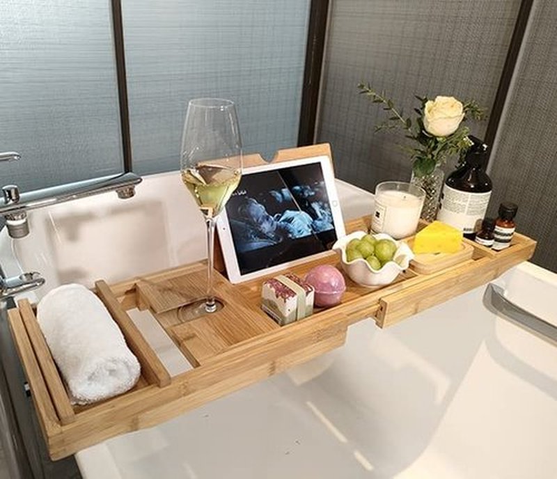 Headley Tools Bathtub Tray, Expandable Bath Tray with Wine and Book Holder - Bathtub Caddy for Luxury Bath, Adjustable Bath Tray for Tub-Great Gift for Women/Men (Wood Color)