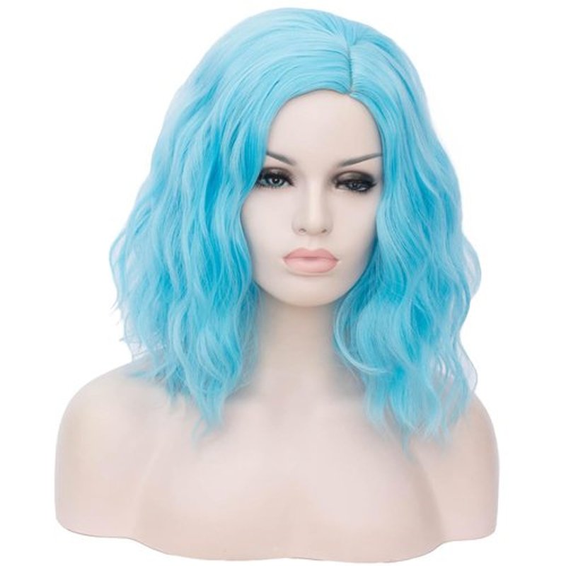 BERON Blue Wigs for Women Short Curly Side Part Wig Girls Shoulder Length Body Wavy Hair Wig Sky Blue Heat Resistant Synthetic Halloween Cosplay Daily Party Wigs