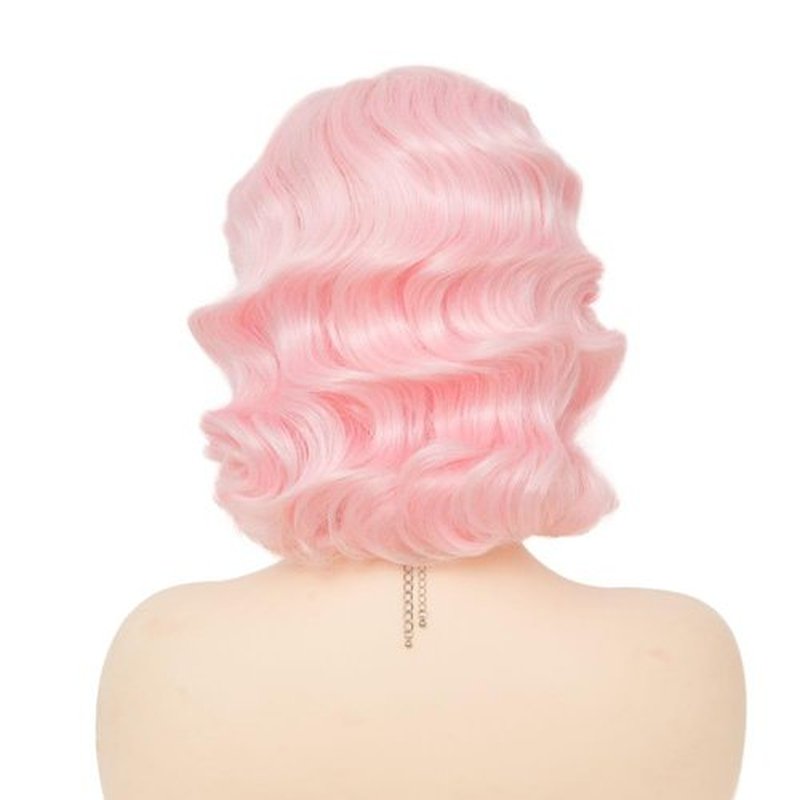 Siudus Finger Wave Lace Front Wig for Women Short Pink Curly Wig Retro Hair Wigs Mommy Wig for Cosplay Daily Party Use