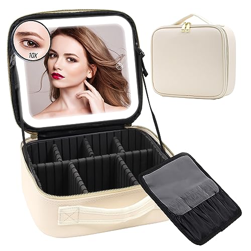 RRtide Travel Makeup Bag with Mirror of LED Lighted, Makeup Train Case with Adjustable Dividers, Makeup Case with Mirror and Detachable 10x Magnifying Mirror