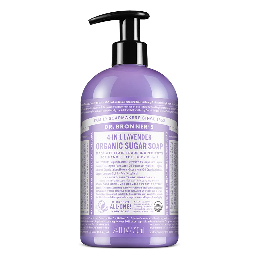 Dr. Bronner's Organic Sugar Soap (Baby Unscented, 24 Ounce) - Made with Regenerative Certified Organic Oils, Sugar & Shikakai Powder, 4-in-1 Use: Hands, Body, Face and Hair- Liquid Soap, Nourishes