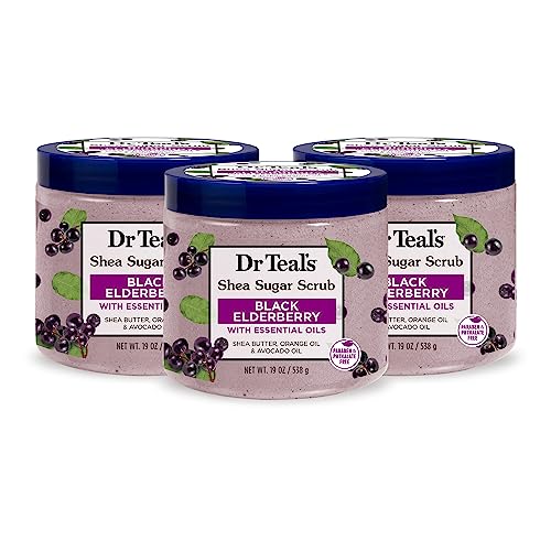 Dr Teal's Shea Sugar Body Scrub, Black Elderberry with Essential Oils, 19 oz (Pack of 3) (Packaging May Vary)
