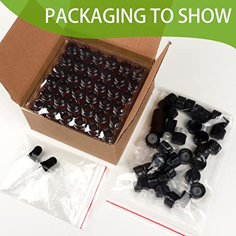 Teenitor Oil Bottles for Essential Oils, 36 Pcs 2 ml (5/8 Dram) Amber Glass Vials Bottles, with Orifice Reducers and Black Caps, with 2 Free Glass Transfer Eye Droppers