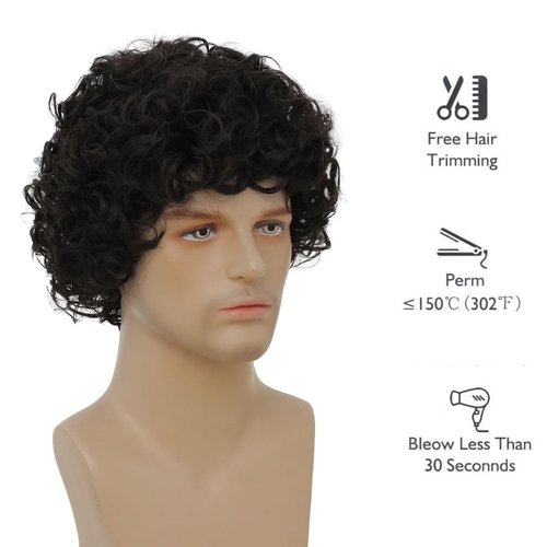 Salaibs Mens Black Short Curly Wig California Synthetic Heat Resistant Wigs for Cosplay Costume Daily Use