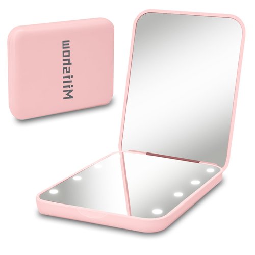 Milishow Compact Mirror, 1x/3x Magnifying LED Pocket Mirror, Small Lighted Travel Makeup Mirror for Purse, Handbag, Folding, Handheld, 2-Sided Mini Mirror with Lights for Women (Pink 1pack)