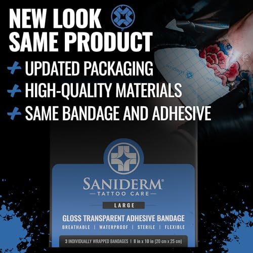 Saniderm Tattoo Aftercare Bandage 3 Sheets (Large Pack, 8 in x 10 in) ? Convenient, Faster Tattoo Healing and Protection ? Sterile, Waterproof, and Latex-Free