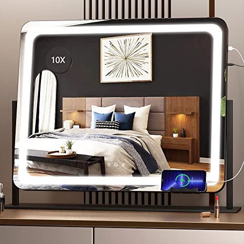 Hasipu Vanity Mirror with Lights, 9.8" x 11.8" LED Makeup Mirror with Smart Touch 3 Colors Dimmable, Brightness Adjustment, 360° Rotation, White