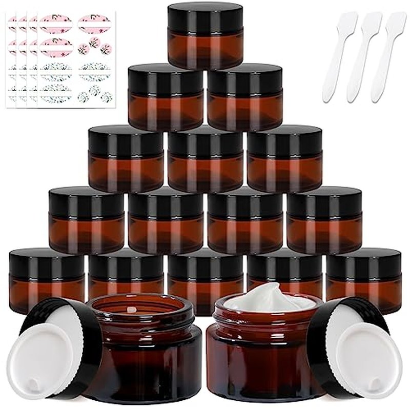Keketin 1 oz Amber Glass Jars,24 Pack Empty Cosmetic Containers with Black Screw Lids,Refillable Round Cream Jars for Lotion,Bath Salts,Travel