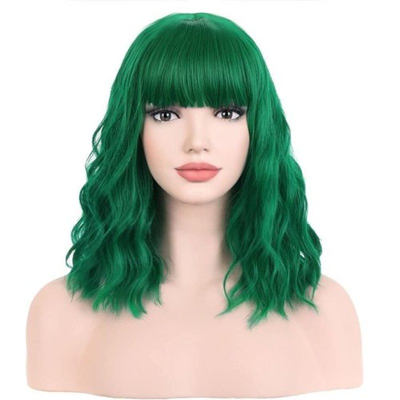 BERON 14 Inches Emerald Green Wig for Women Short Curly Wig Green Wig with Bangs Bob Wig Green Wigs for Daily Party Wig Cap Include