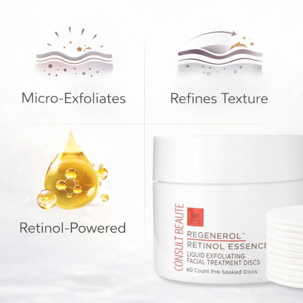 Consult Beaute - Regenerol - Retinol Exfoliating Facial Treatment Discs - Micro Exfoliation for Face - Smoother Skin - 60 Disposable Wipes
