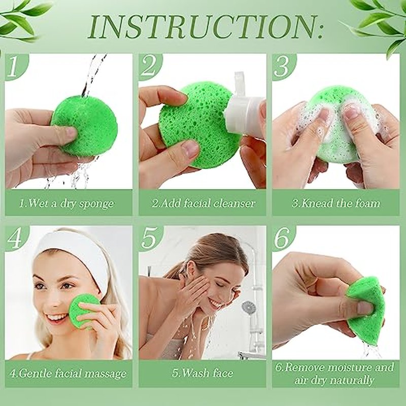 120 Pcs Compressed Facial Sponges Natural Face Exfoliator Disposable Face Sponges for Cleansing Round Soft Facial Scrubber Pads with Storage Container for Makeup Removal Travel (Green)