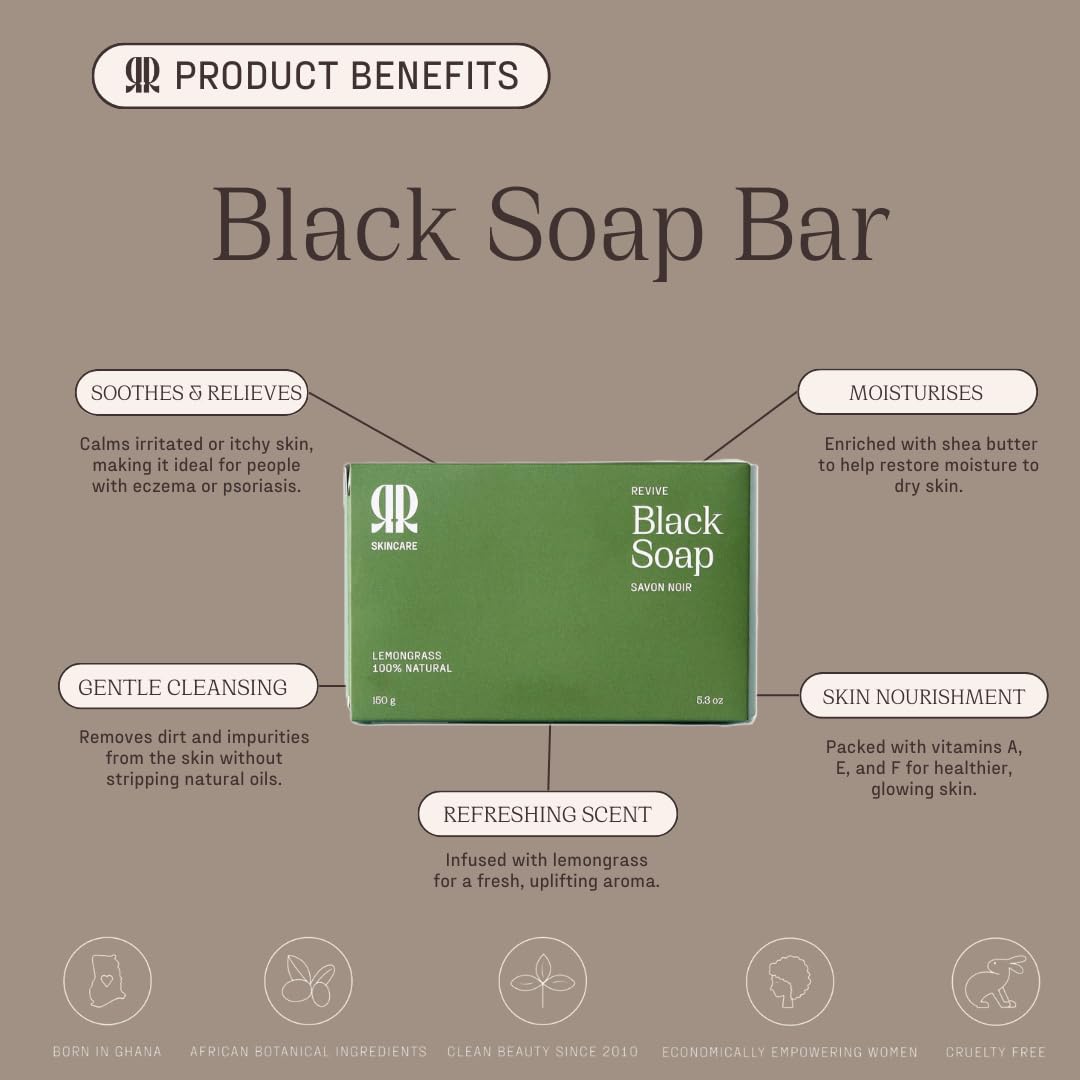 R&R Skincare Revive Black Soap Bar – African Black Soap for Face & Body – Handcrafted with Shea Butter & Palm Kernel Oil – Deep Cleansing & Moisturizing – Gentle for All Skin Types