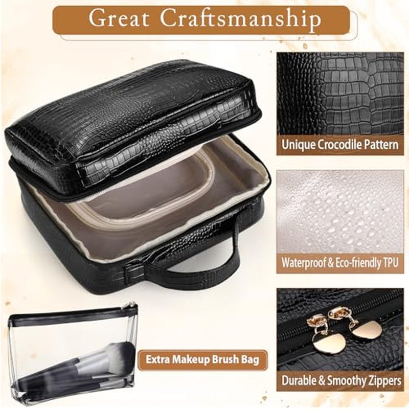 ZQQZAN Travel Makeup Bag - Large Capacity Cosmetic Bag with Makeup Brush Bag, Leather Makeup Travel Case Open Flat Makeup Case, Cute Makeup Organizer Bag for Women Girls, Black