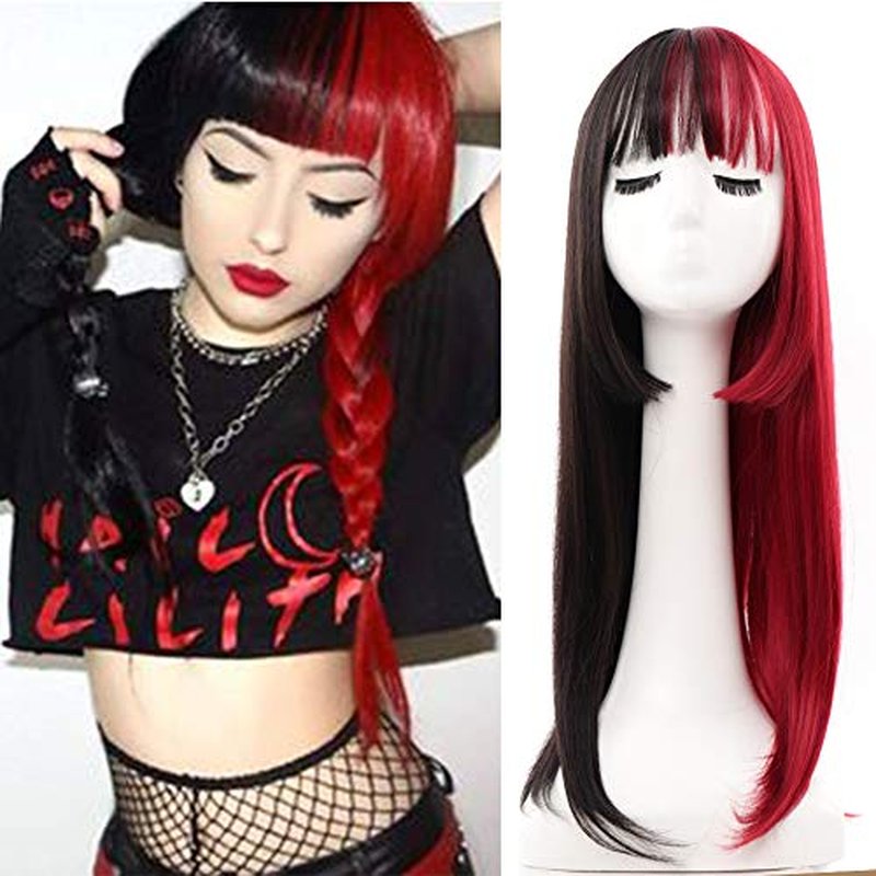 Kaneles Half Black and Half Red Cosplay Wig Long Straight Synthetic Heat Resistant Costume Cosplay Wig for Women Hair with Bangs Natural Wigs (Half Black Half Red)