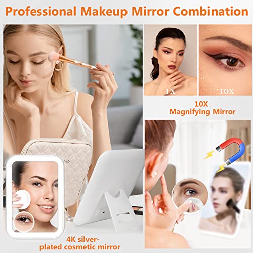 PEEH Makeup Bag with Lighted Mirror, Travel Make up Train Case with Adjustable Brightness Vanity Mirror and Detachable 10x Magnifying Mirror (Beige Clover)