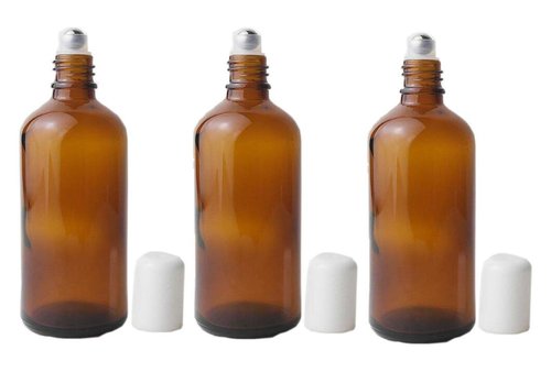 3PCS 100ml Empty Refillabl Amber Glass Roller Bottle With Stainless Steel Balls And White Screw Cover For Essential Oil Lip Balms Perfume