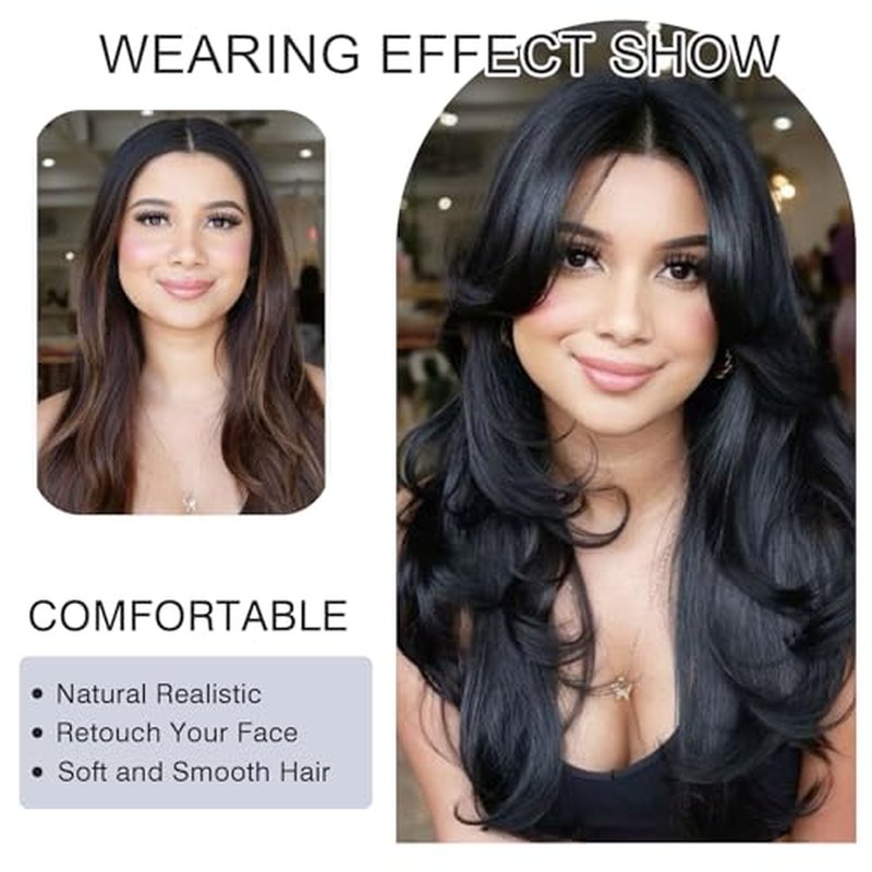Jolelyne Layered Wavy Wigs with Curtain Bangs for Women Snythetic Butterfly Haircut Natural Black Wig with Bangs Hair Wig for Women Layered Straight Heat Resistant Wigs for Daily Party Use (2#)