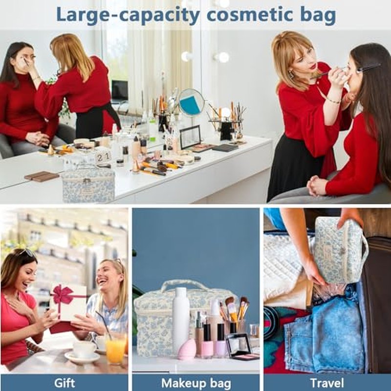 Big Cute Makeup Bag for Women, Large Travel Floral Cotton Cosmetic Bag, Coquette Aesthetic Quilted Toiletry Organizer Bag (White floral)